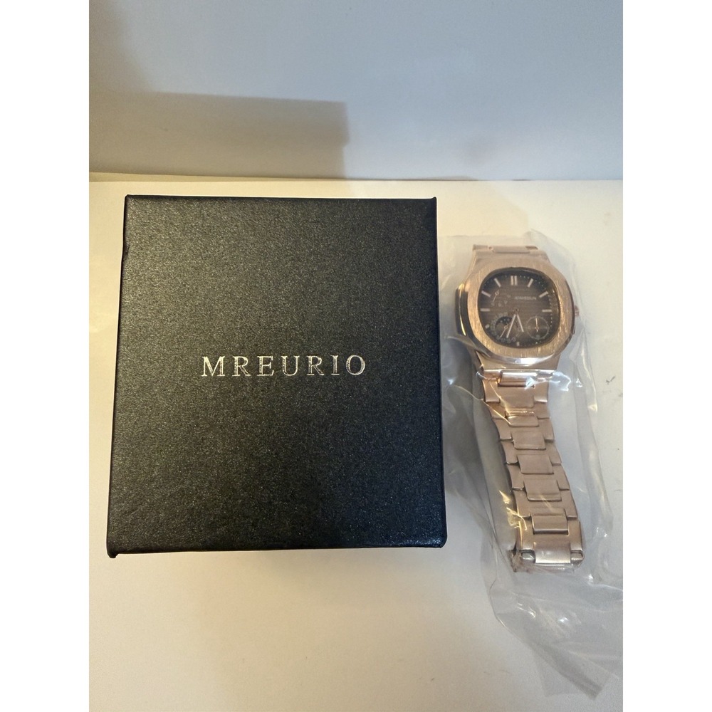 MREURIO Quartz Analog Dress Watch Rose Gold Tone White Dial Black Leather Strap
